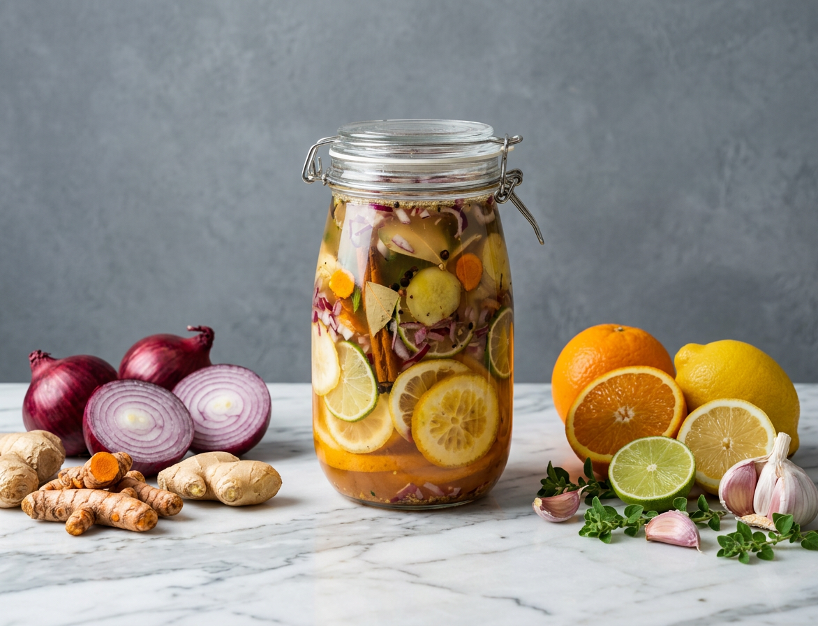 Frasco de vidrio con vegetales y frutas encurtidos, incluyendo cebolla, limón, naranja, ajo y jengibre, sobre una mesa de mármol.